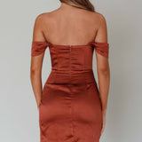 Night To Remember Off-Shoulder Satin Dress Chocolate
