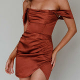 Night To Remember Off-Shoulder Satin Dress Chocolate