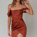 Night To Remember Off-Shoulder Satin Dress Chocolate
