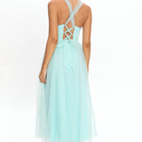 Surreal Lace-Up Back Tulle Midi Dress Mint
