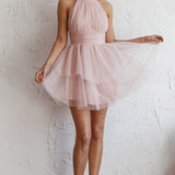 Andria Halterneck Tulle Mini Dress Blush