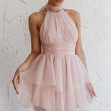 Andria Halterneck Tulle Mini Dress Blush