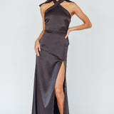 Andria Halterneck Bow Satin Maxi Dress Black