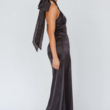 Andria Halterneck Bow Satin Maxi Dress Black