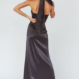 Andria Halterneck Bow Satin Maxi Dress Black