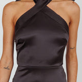 Andria Halterneck Bow Satin Maxi Dress Black