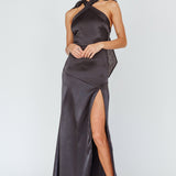 Andria Halterneck Bow Satin Maxi Dress Black