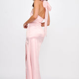 Andria Halterneck Bow Satin Maxi Dress Blush
