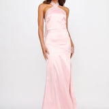 Andria Halterneck Bow Satin Maxi Dress Blush
