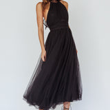 Andria Halterneck Tulle Midi Dress Black