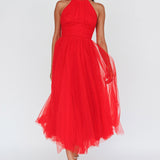 Andria Halterneck Tulle Midi Dress Red