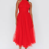 Andria Halterneck Tulle Midi Dress Red