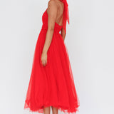 Andria Halterneck Tulle Midi Dress Red