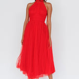 Andria Halterneck Tulle Midi Dress Red
