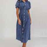 Zurich Pleated Waist Midi Dress Denim Dark Blue