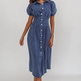 Zurich Pleated Waist Midi Dress Denim Dark Blue