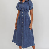 Zurich Pleated Waist Midi Dress Denim Dark Blue