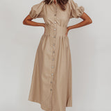 Zurich A-line Puff Sleeve Midi Dress Nude