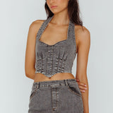 Zurich Halter Crop Top Denim Grey