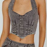 Zurich Halter Crop Top Denim Grey