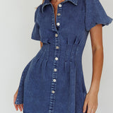 Zurich Pleated Waist Shirt Dress Dark Blue