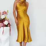 Italian Summer Tie Neck Midi Dress Mustard