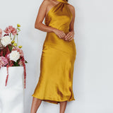 Italian Summer Tie Neck Midi Dress Mustard