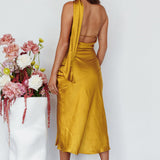 Italian Summer Tie Neck Midi Dress Mustard