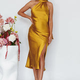 Italian Summer Tie Neck Midi Dress Mustard