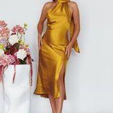 Italian Summer Tie Neck Midi Dress Mustard