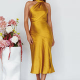 Italian Summer Tie Neck Midi Dress Mustard
