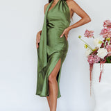 Italian Summer Tie Neck Midi Dress Olive