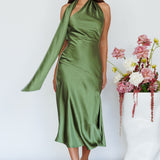 Italian Summer Tie Neck Midi Dress Olive