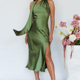 Italian Summer Tie Neck Midi Dress Olive