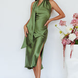 Italian Summer Tie Neck Midi Dress Olive