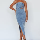 Glisten Cut-Out Buckle Waist Midi Dress Denim Blue