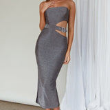 Glisten Cut-Out Buckle Waist Midi Dress Silver