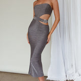 Glisten Cut-Out Buckle Waist Midi Dress Silver