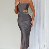 Glisten Cut-Out Buckle Waist Midi Dress Silver