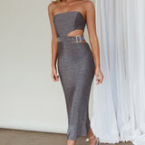 Glisten Cut-Out Buckle Waist Midi Dress Silver