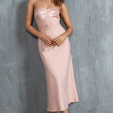 Brittini Satin Bust Strapless Midi Dress Blush