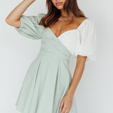 Melie Puff Sleeve Mini Dress Pistachio/White