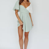Melie Puff Sleeve Mini Dress Pistachio/White