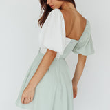 Melie Puff Sleeve Mini Dress Pistachio/White