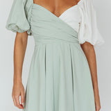 Melie Puff Sleeve Mini Dress Pistachio/White