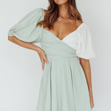 Melie Puff Sleeve Mini Dress Pistachio/White