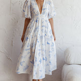 Summer Land V-Neckline Midi Dress Printed White