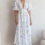 Summer Land V-Neckline Midi Dress Printed White