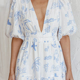 Summer Land V-Neckline Midi Dress Printed White