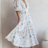 Summer Land V-Neckline Midi Dress Printed White